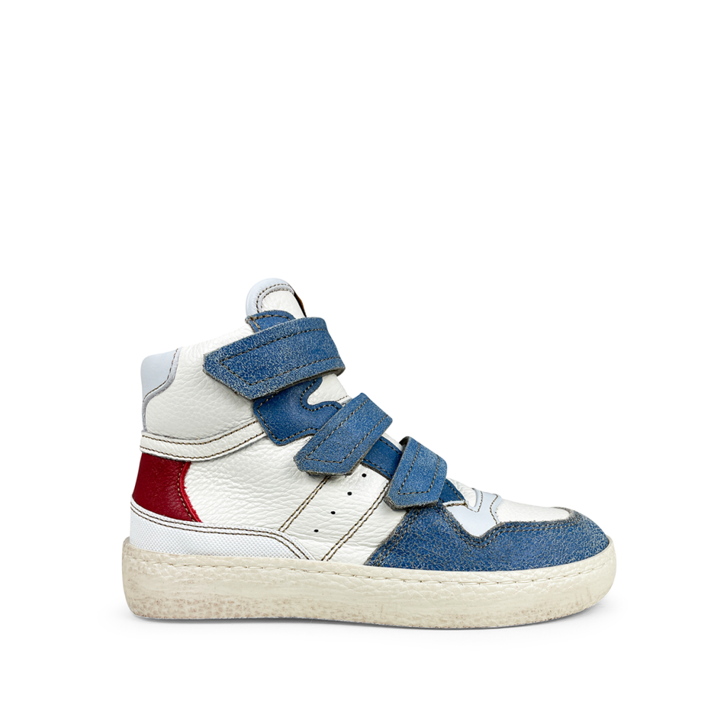 Ocra - Halfhoge wit en beige sneaker met blauw en rode accenten