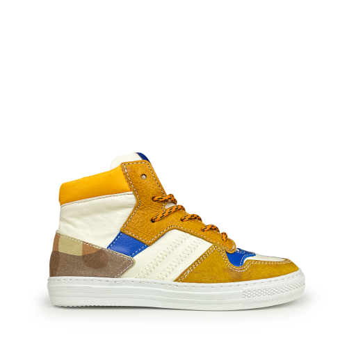 Kids shoe online Rondinella trainer White sneaker with brown, blue and yellow