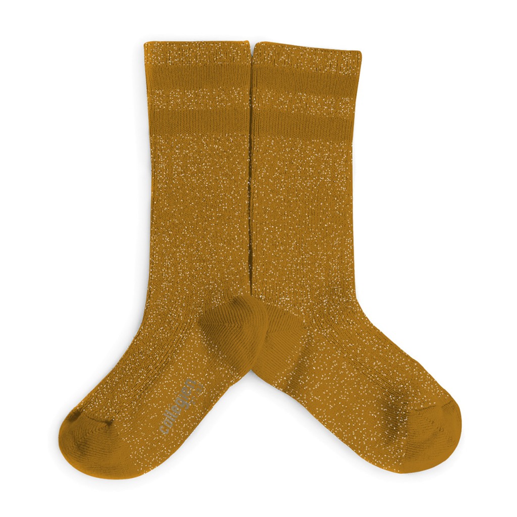 Collegien - Shiny mustard yellow knee socks with 2 stripes