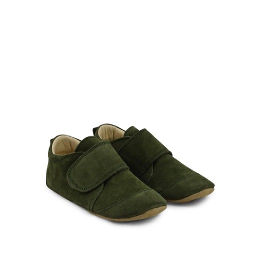 Kids shoe online Pompom slippers Leather big slippers in green sude