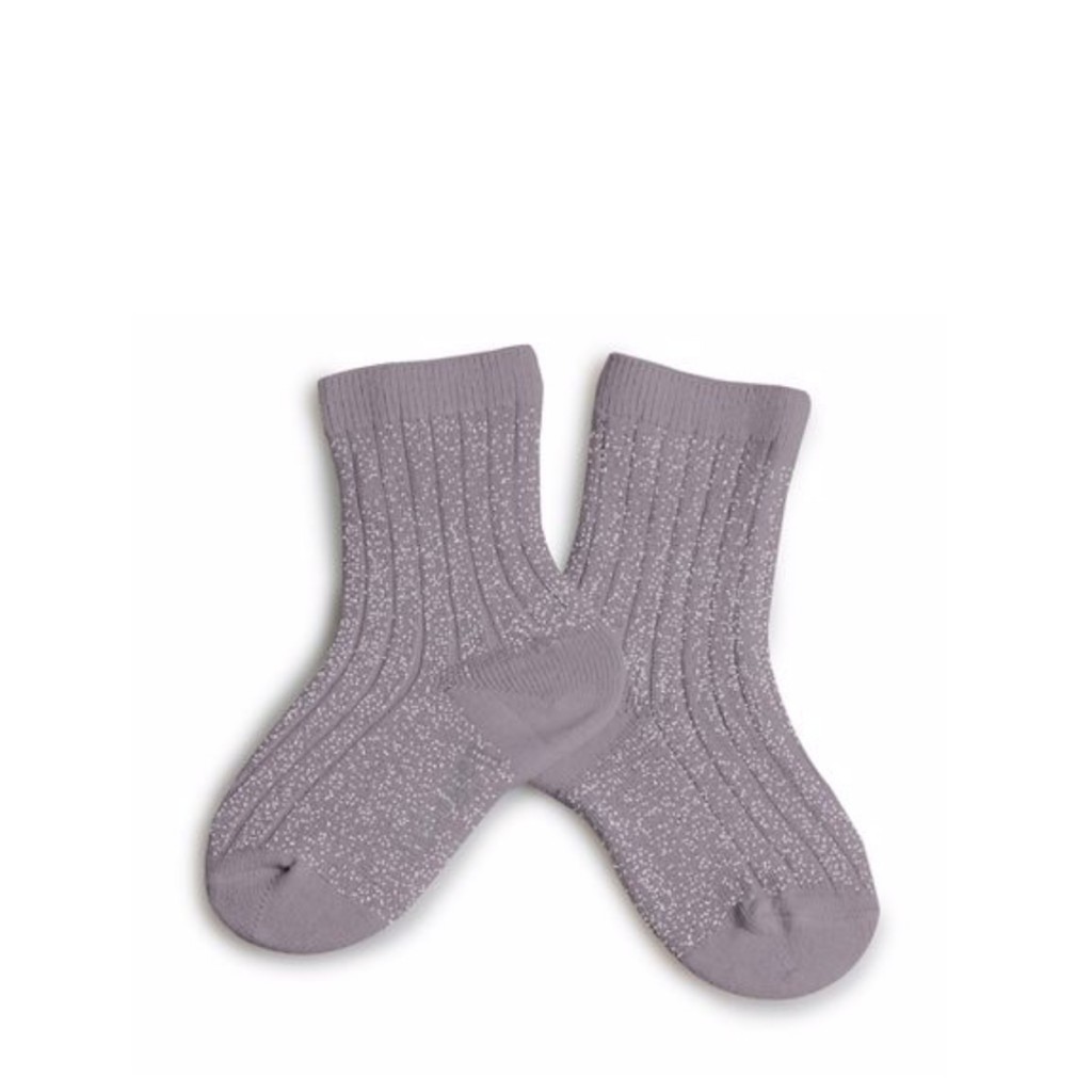 Collegien short socks Shiny purple stockings with silver speckle - glycine du japon