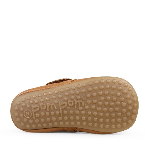 Pompom pantoffels Lederen pantoffel met velcro in bruin