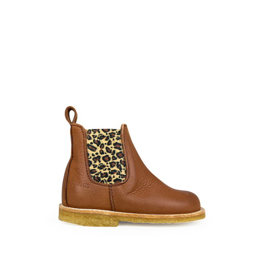 Kids shoe online Angulus short boots Chelsea boot in cognac and leopard