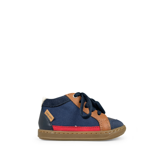 Pom d'api first walkers Blue 1st step sneaker with cognac