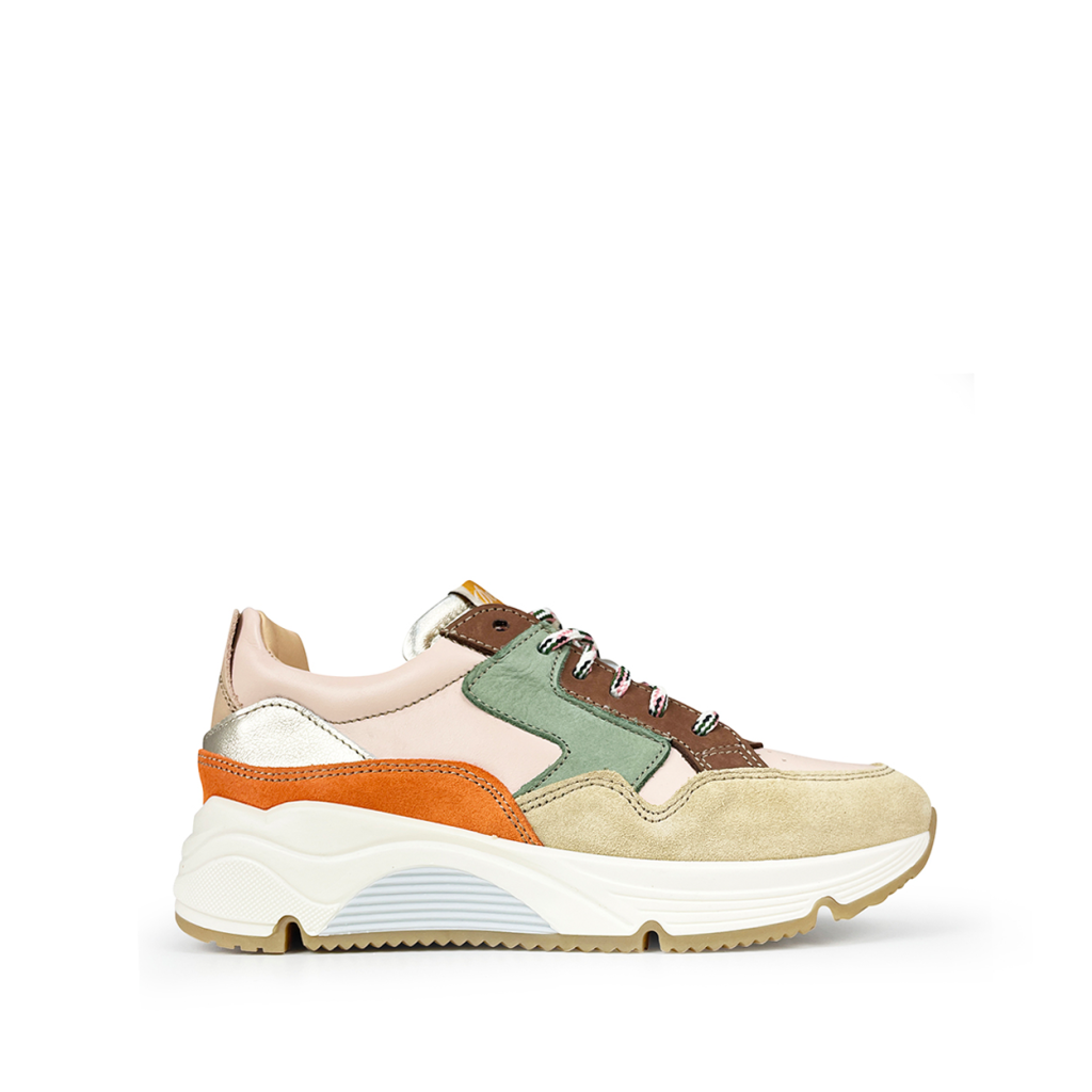 Ocra - Low pink trainer with green, beige, orange and silver