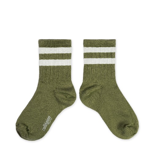 Kids shoe online Collegien short socks Green socks with stripes - Olive du Lubéron