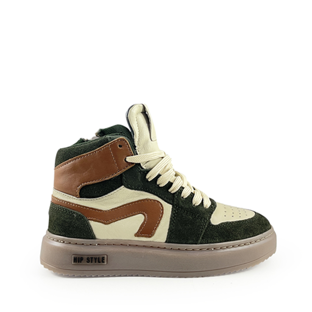 HIP - Hoge groene sneaker met bruine en beige accenten