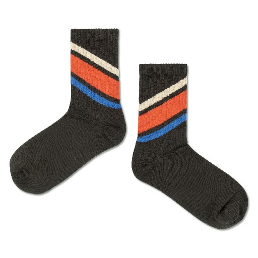Kinderschoen online Repose AMS korte kousen Sportieve kousen in donkergrijs met strepen in rood/blauw/ecru