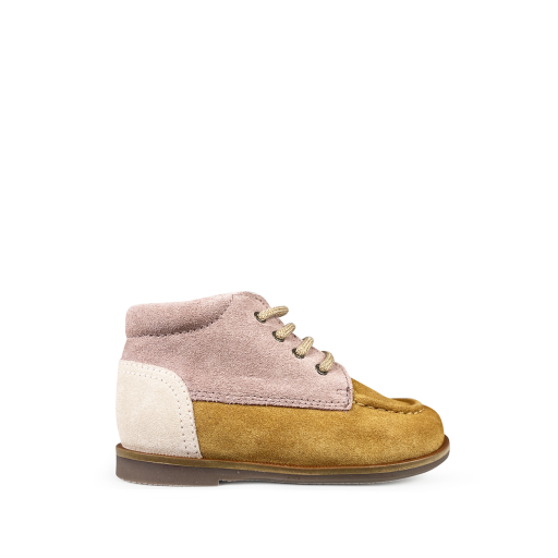 Kids shoe online Beberlis first walkers Camel lace-up shoe with pink accents