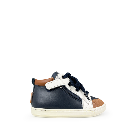 Kids shoe online Pom d'api first walkers Blue 1st step sneaker with blue and camel