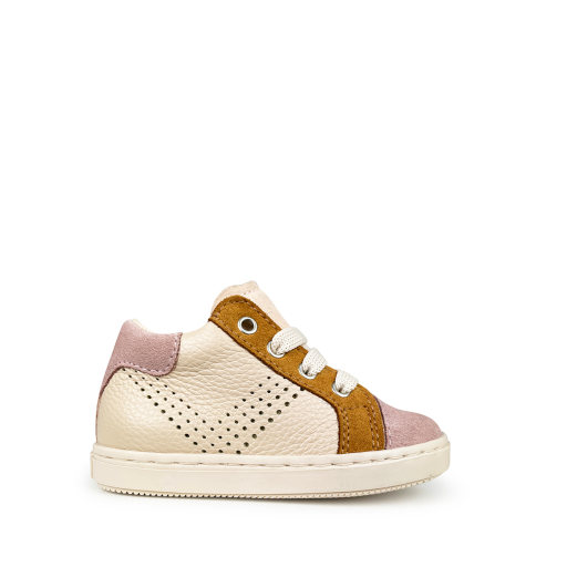 Kids shoe online Beberlis first walkers Pink lace-up shoe with cognac accent