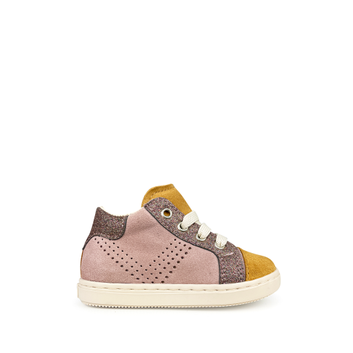 Kids shoe online Beberlis first walkers Pink lace-up shoe with cognac and glitter accent