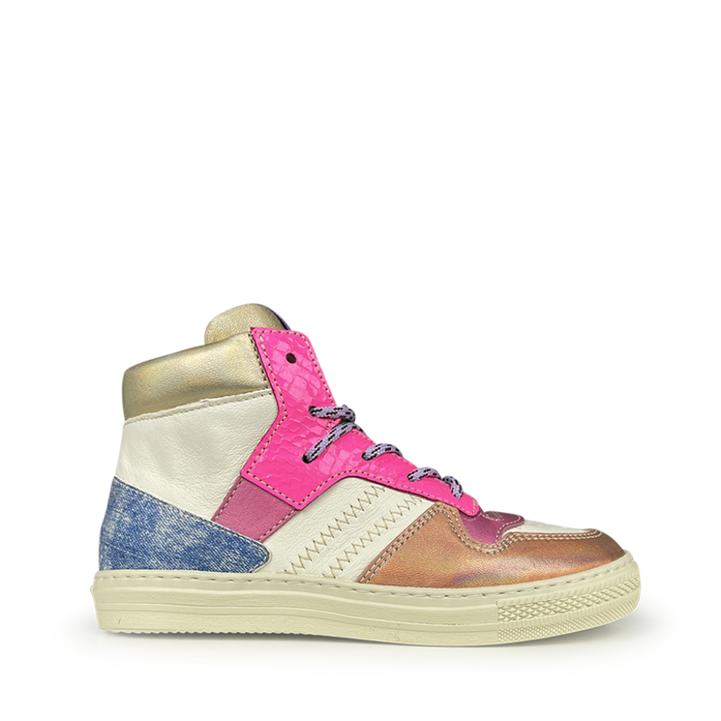 Rondinella - Witte sneaker roze, goud en jeans