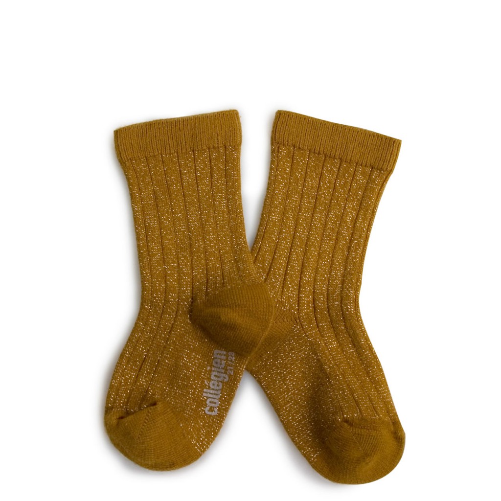 Collegien - Shiny ocher stockings with golden speckle - moutarde de dijon