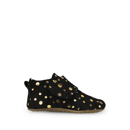 Kinderschoen online Pompom pantoffels Lederen pantoffel met velcro in zwart en goud