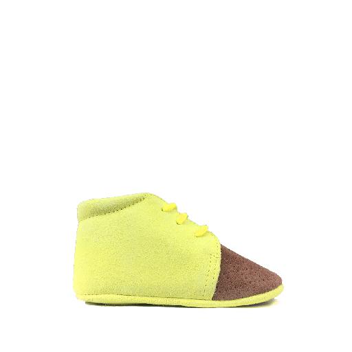 Kids shoe online Eli pre step shoe Brown pré-stepper innubuck with fluo yellow details